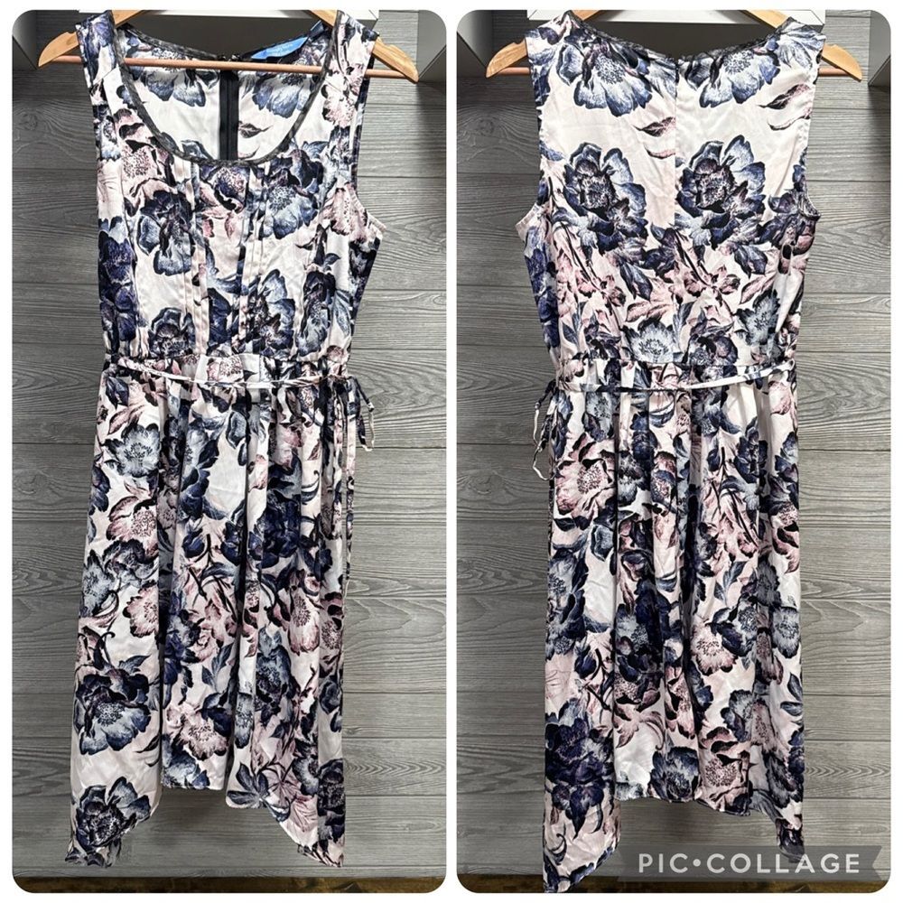 Simply Vera Wang Floral Fairy Midi Dress M Pink Blue Asymmetric Pleated